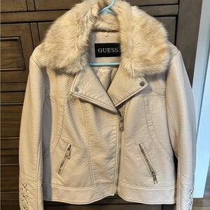 Guess Women's Beige Leather Jacket with Faux Fur Collar